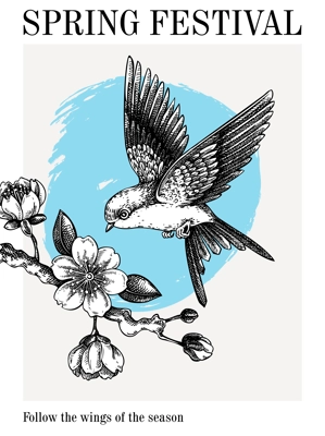 Collage style spring poster template. Japanese art. Sakura, blooming cherry, flying bird hand-drawn illustration. Vector floral design for print. NOT AT generated